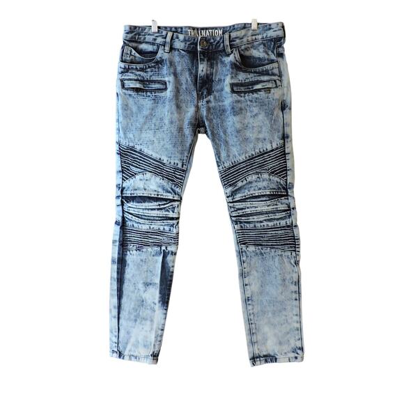 90's Trill Nation Mens Acid Wash Denim Jeans with Strip Cut Knees - Picture 1 of 6